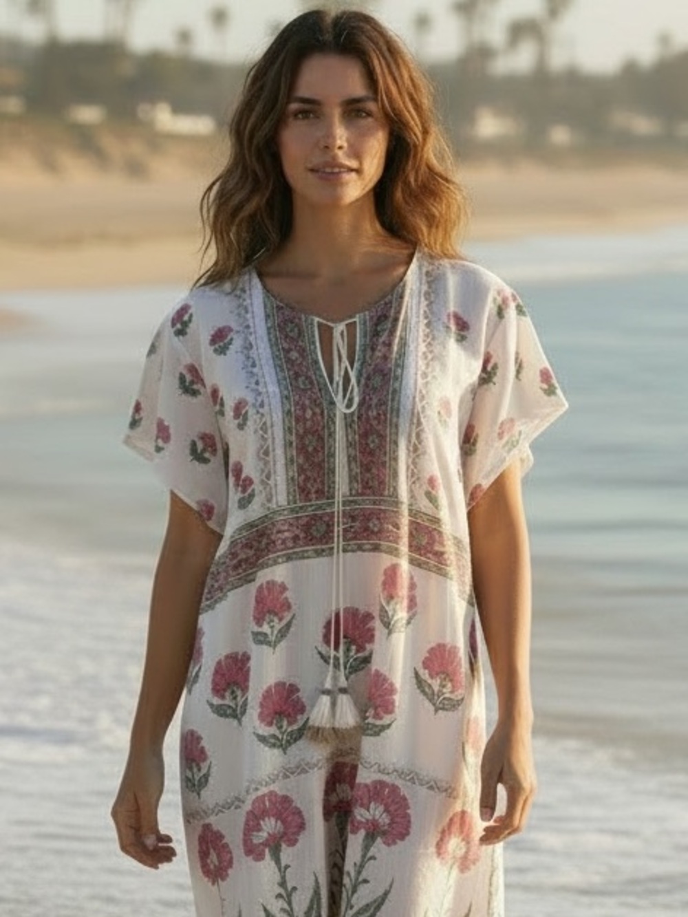 NWT Bella Tu Floral Cap Sleeve Kaftan Dress White Pink Size XL